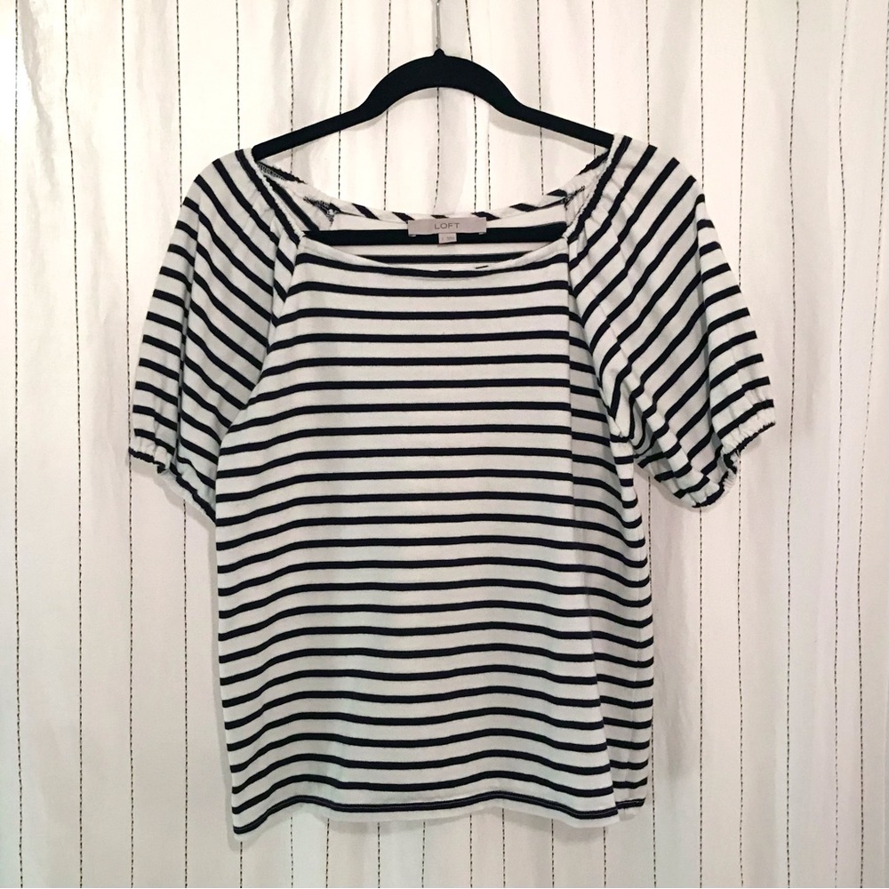 LOFT Blue & White Striped Puff Sleeve Shirt